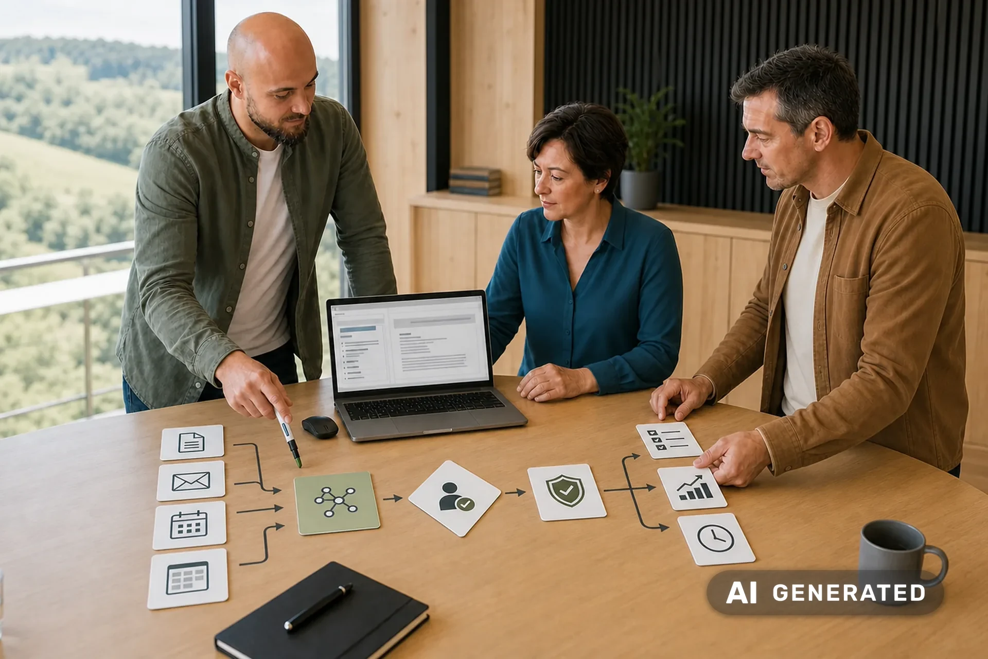Drei Personen ordnen am Besprechungstisch Symbolkarten zu einem Arbeitsablauf, daneben steht ein Laptop